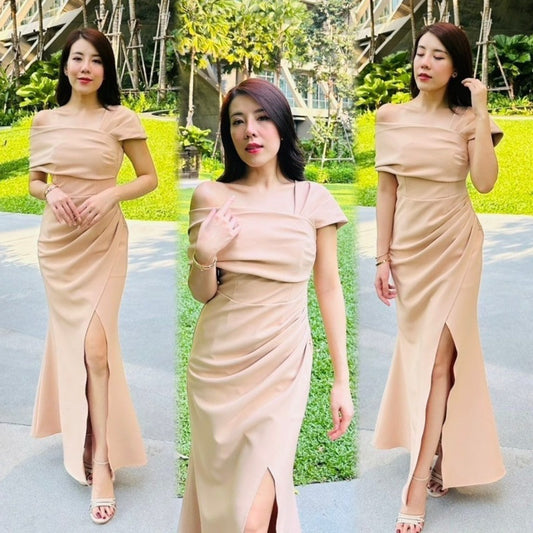 ชุดเดรสออกงาน ชุดราตรี เดรส Dress Daisy ชุดออกงาน เดรสยาว เกาะอกระบาย ปาดไหล่2ข้าง ชุดราตรี Woman