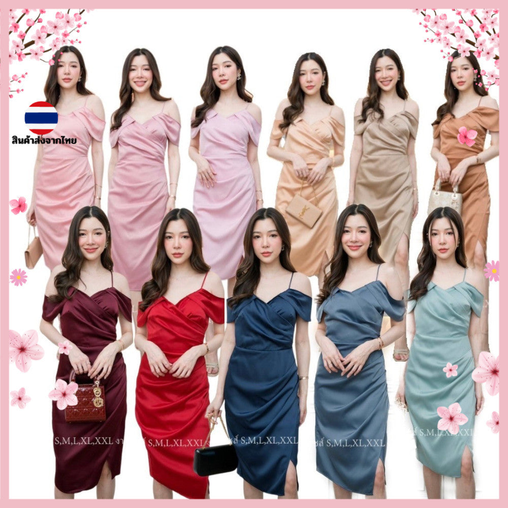 เดรส ชุดเดรส เดรสสั้น ชุดราตรี เดรสงานแต่ง สายเดี่ยว ผ้าเครปซาติน ชุดราตรี ซิปหลัง ซับใน Dress Woman