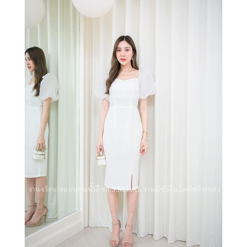 ชุดเดรสออกงาน ชุดราตรี เดรส Dress ผ้าฮานาโกะ เดรสเรียบร้อย แขนพองผ้าออแกนดี้ เดรสออกงาน มีหลายสี ชุดขายดี