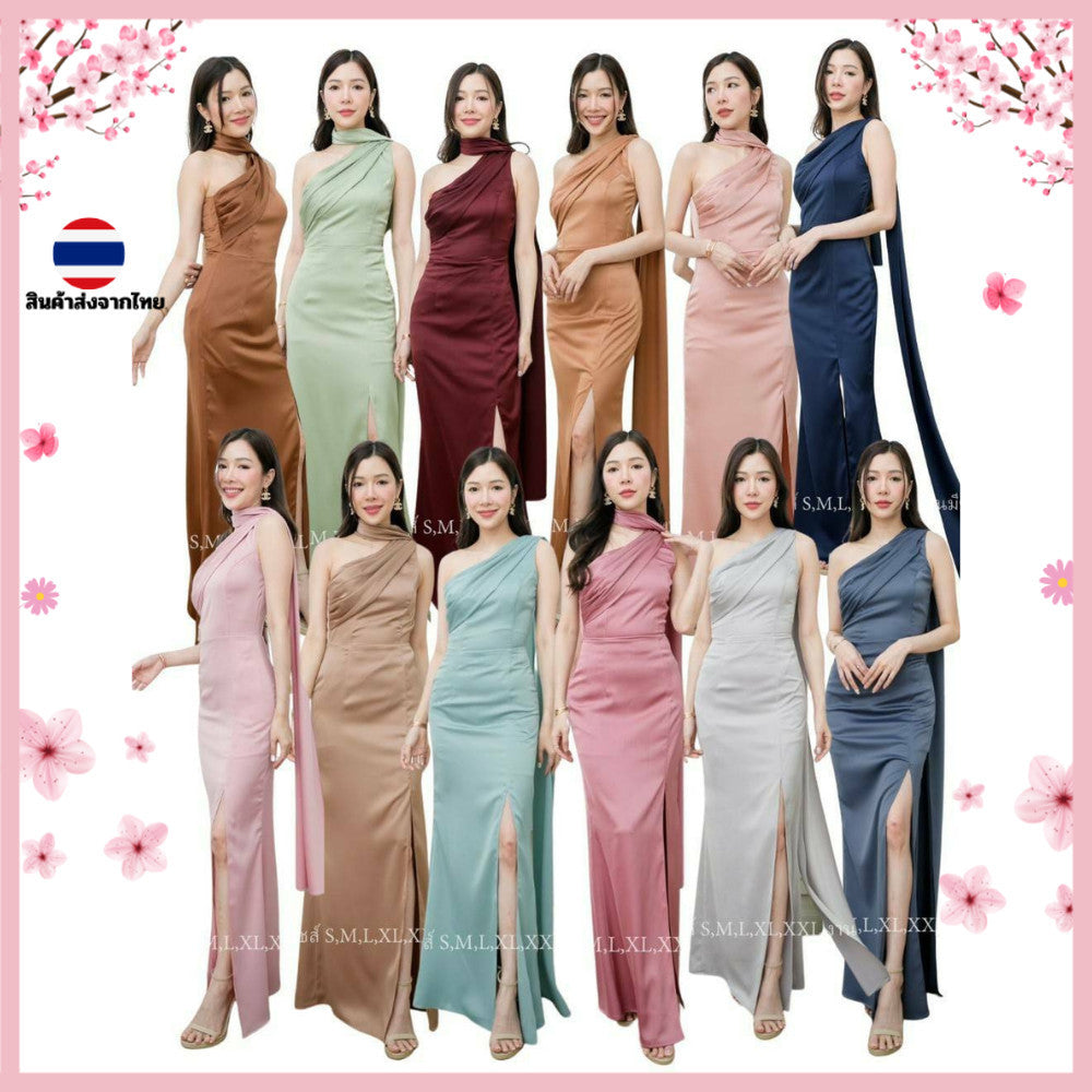 ชุดเดรสออกงาน ชุดราตรี เดรส Dress เดรสยาว ผ้าซาติน เรียบหรู สไบพันคอ ปล่อยได้ งานแต่งงาน ผู้หญิง มีซิปหลัง ซับใน