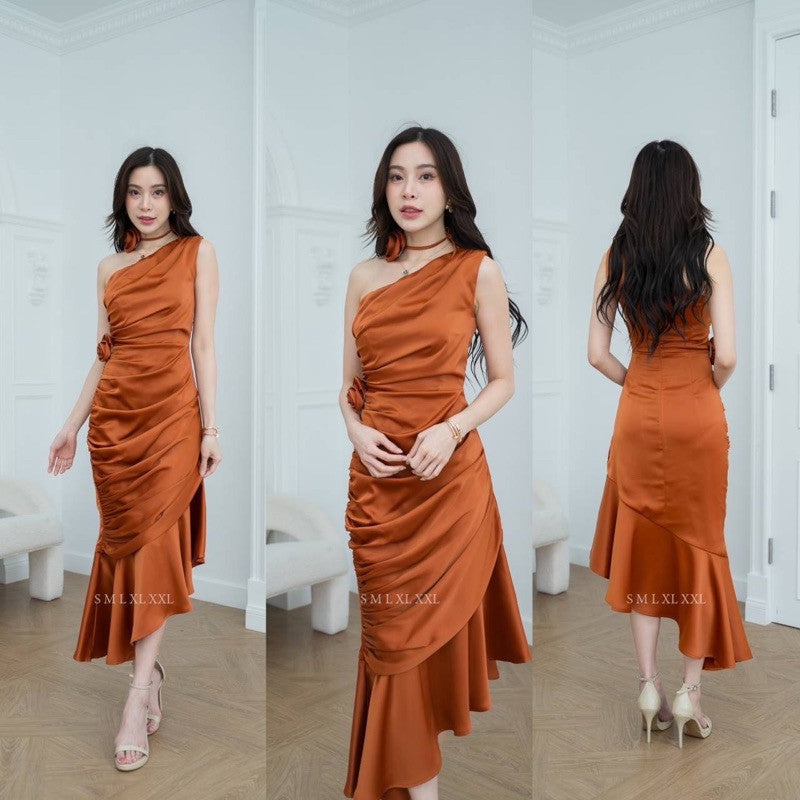 ชุดไปงานแต่ง เรียบหรู ดูแพง ชุดเดรส ชุดออกงาน ชุดราตรี NP038 พรีเมี่ยม ไหล่เบี่ยงจีบข้าง มีดอกไม้ งานแต่งงาน Woman Dress