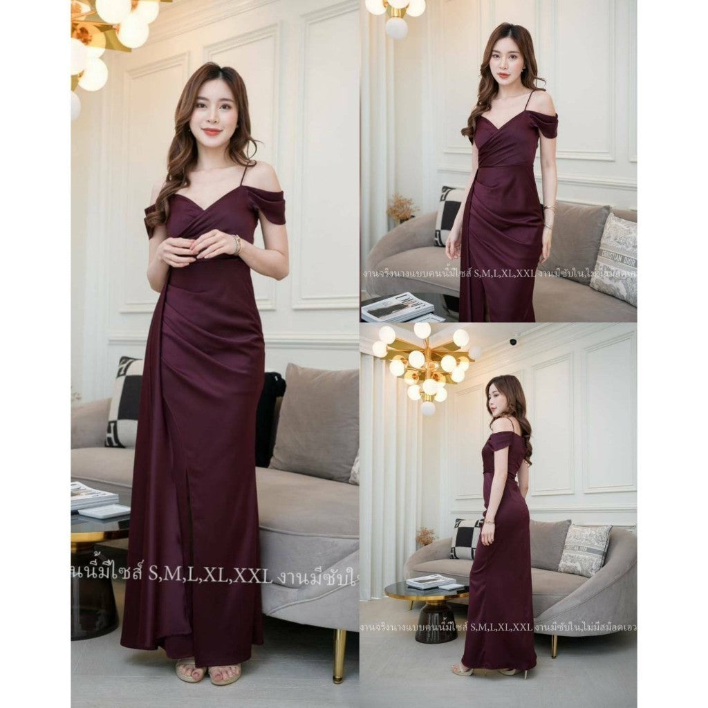 ชุดเดรสออกงาน ชุดราตรี เดรส Dress ชุดออกงาน ชุดเพื่อนเจ้าสาว เดรสยาว สายเดี่ยว อ้อมแขน ผ้าห้อย Woman