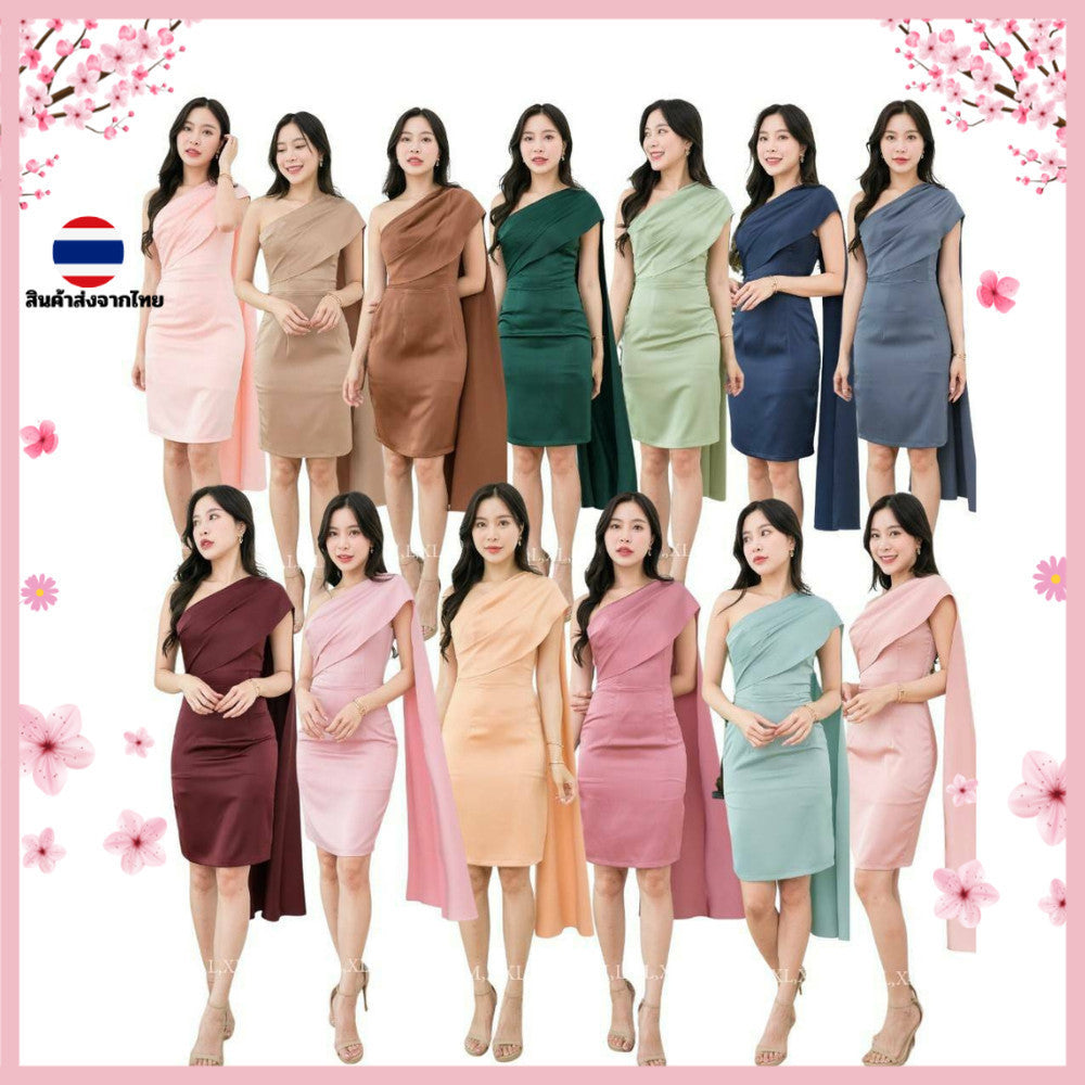 ชุดเดรสออกงาน ชุดราตรี เดรส Dress เดรสสั้น ชุดออกงาน ผ้าซาติน สไบ งานแต่งงาน ผู้หญิง ซิปหลัง ซับใน งานหมั้น งานปาร์ตี้
