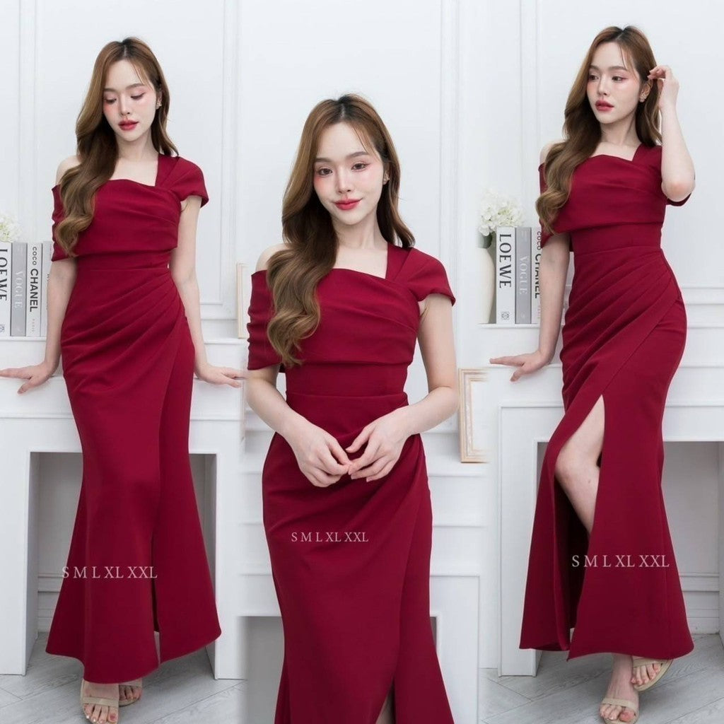 ชุดเดรสออกงาน ชุดราตรี เดรส Dress Daisy ชุดออกงาน เดรสยาว เกาะอกระบาย ปาดไหล่2ข้าง ชุดราตรี Woman