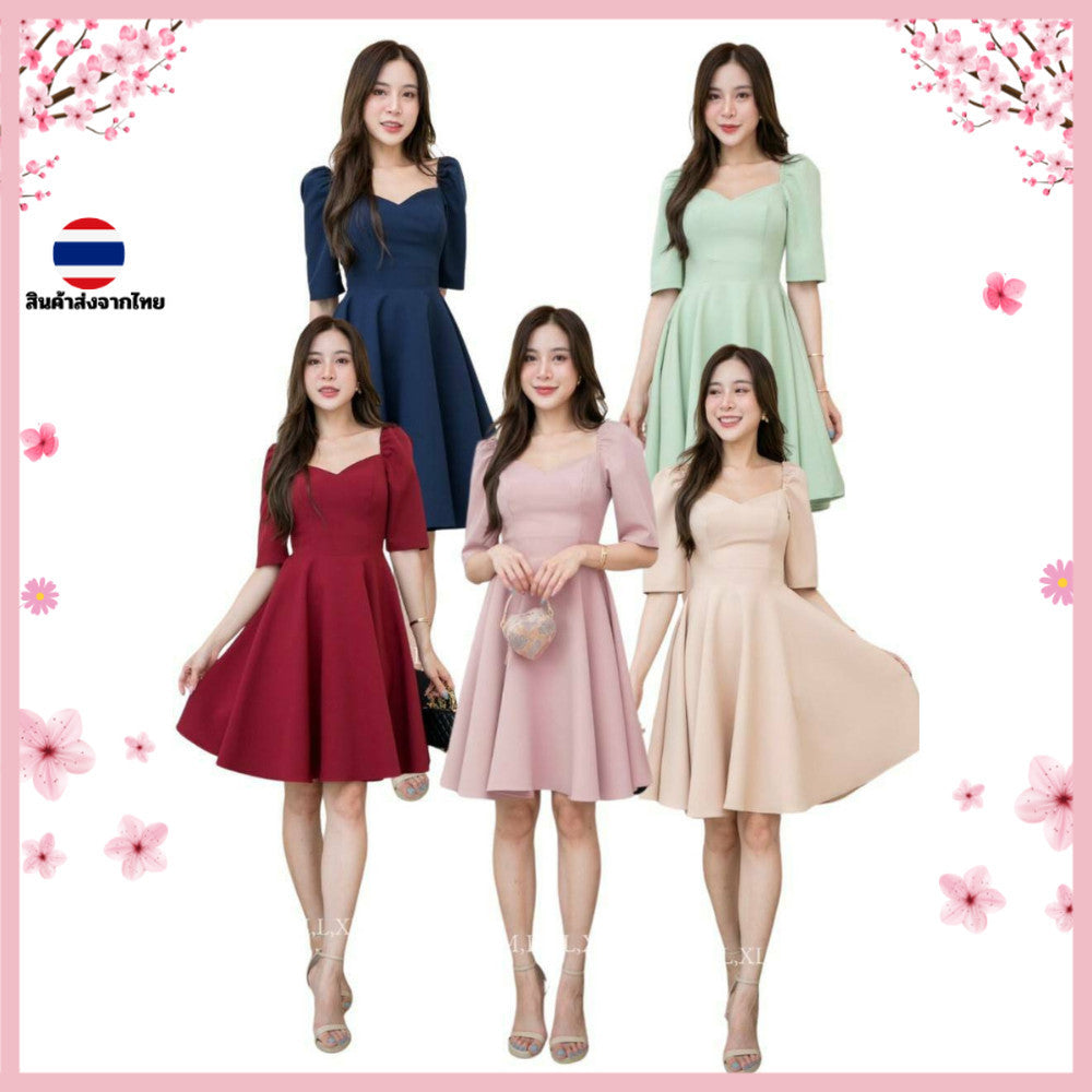 ชุดเดรสออกงาน ชุดราตรี เดรส Dress เดรสสั้น แขนตุ๊กตา กระโปรงพริ้ว พร้อมส่ง S-2XL เดรสสั้นน่ารักๆ เดรสสาวอวบ