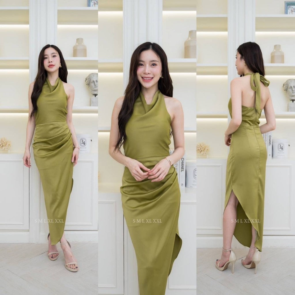 ชุดเดรสออกงาน ชุดราตรี เดรส Dress ชุดออกงาน เดรสยาว ชุดไปงานแต่ง เครปซาติน ผูกคอหลัง งานแต่งงาน Woman Dress Dresses