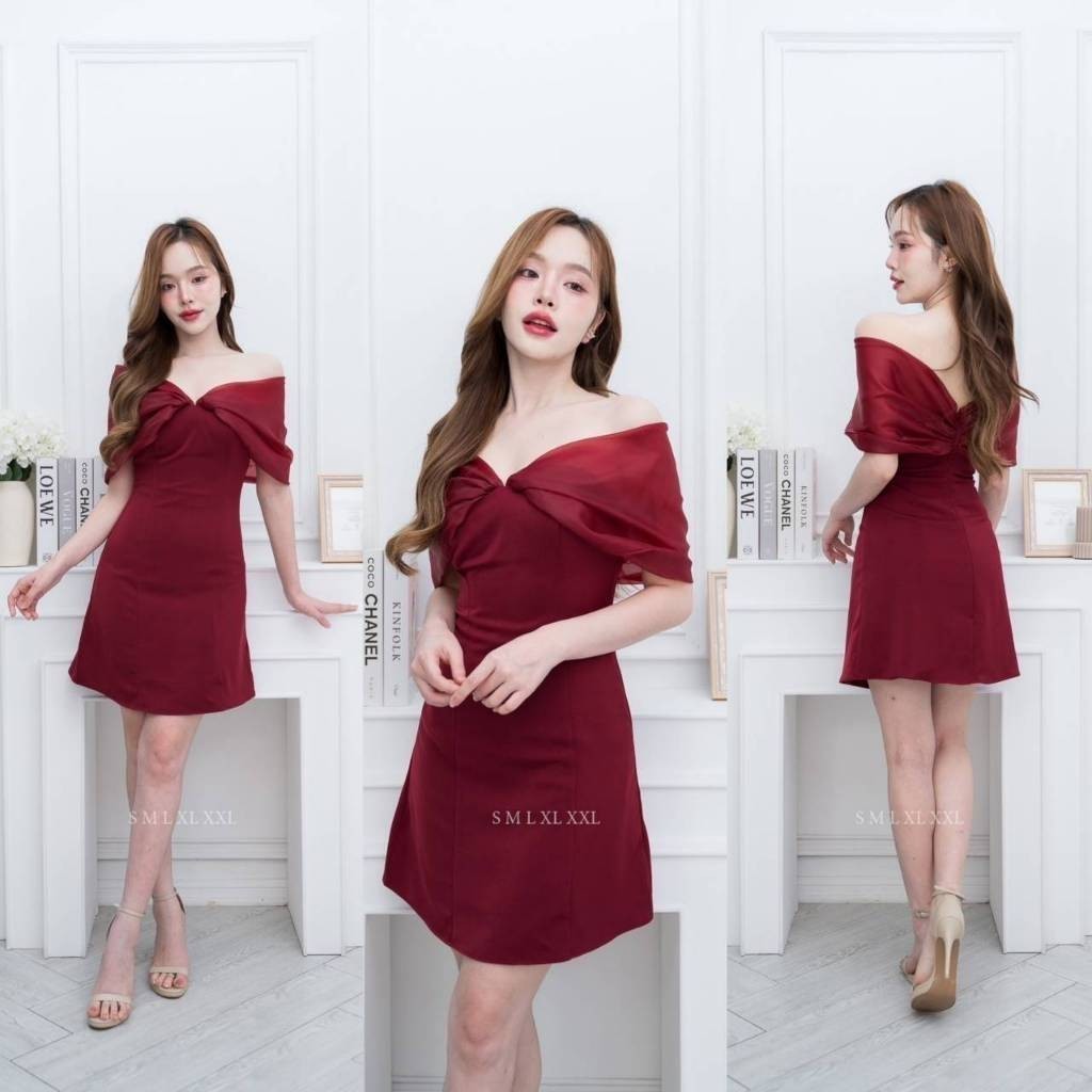 ชุดเดรสออกงาน ชุดราตรี เดรส Dress ชุดออกงาน เกาะอก แต่งออแกนดี้ อ้อมแขน มีฟองน้ำ งานแต่งงาน ชุดราตรี Woman Dress Dresses