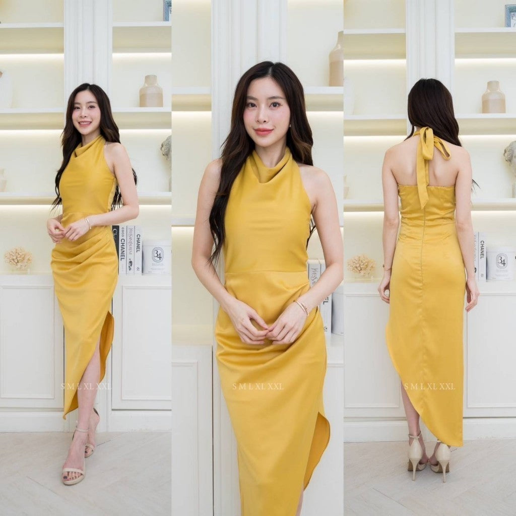 ชุดเดรสออกงาน ชุดราตรี เดรส Dress ชุดออกงาน เดรสยาว ชุดไปงานแต่ง เครปซาติน ผูกคอหลัง งานแต่งงาน Woman Dress Dresses