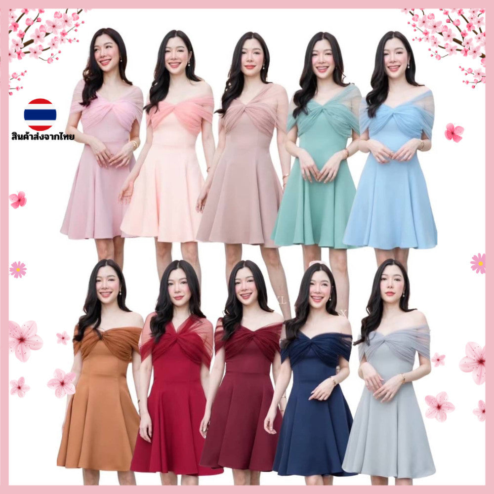 ชุดเดรสออกงาน ชุดราตรี เดรส Dress ชุดเดรส กระโปรงสั้นน่ารัก เสริมฟองน้ำ เดรสน่ารักๆ งานแต่งงาน ผู้หญิง ซิปหลัง ซับใน