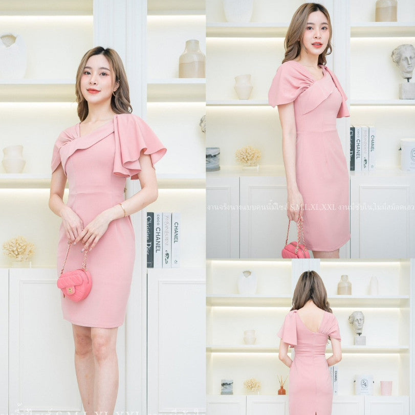 ชุดเดรสออกงาน ชุดราตรี เดรส Dress ผ้าฮานาโกะ ดีไซน์ใหม่ น่ารัก เก๋ตรงอกและไหล่ ชุดออกงาน มีหลายสี ซับใน ซิปหลัง