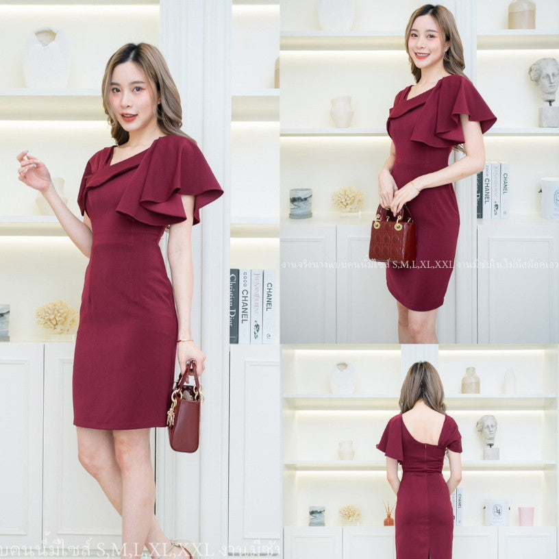 ชุดเดรสออกงาน ชุดราตรี เดรส Dress ผ้าฮานาโกะ ดีไซน์ใหม่ น่ารัก เก๋ตรงอกและไหล่ ชุดออกงาน มีหลายสี ซับใน ซิปหลัง