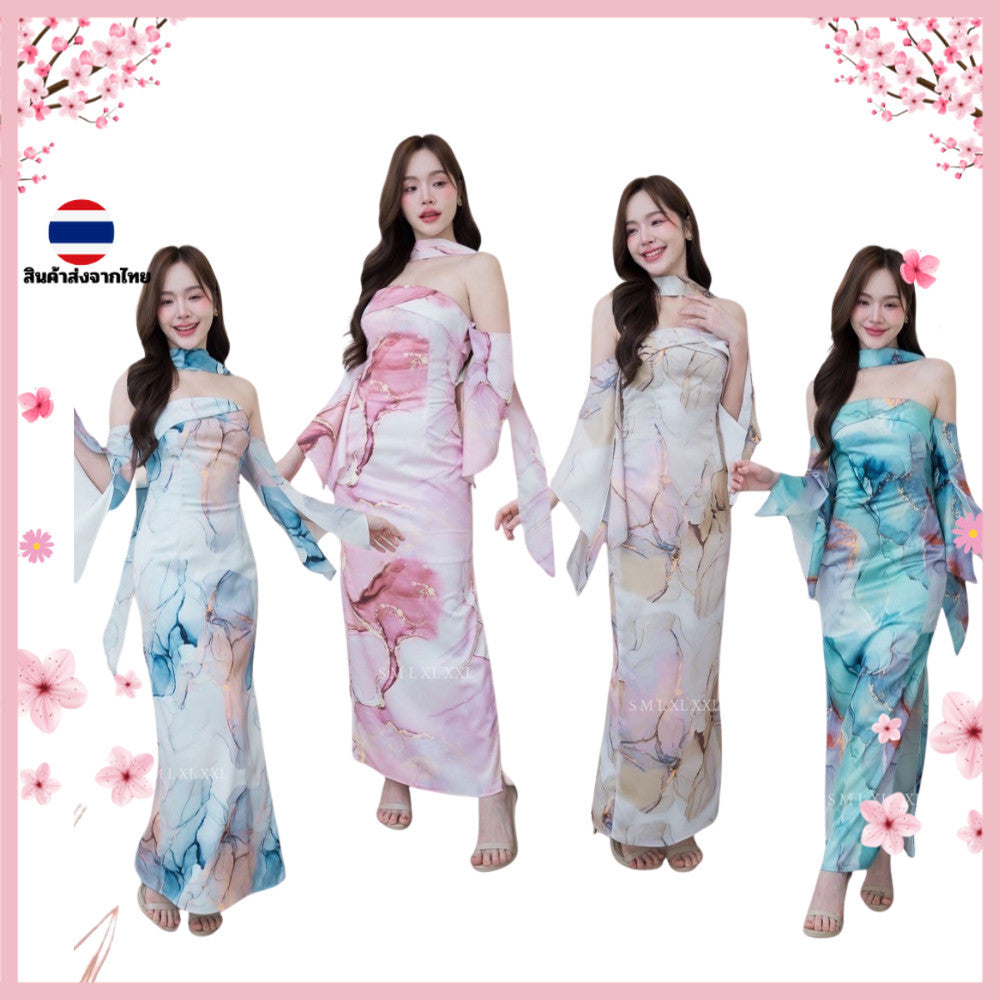 ชุดเดรสออกงาน ชุดราตรี เดรส Dress ชุดราตรี เดรสยาว ผ้าเครปซาติน พิมพ์ลาย เกาะอกยาว แขนย้อย งานแต่งงาน Woman Dresses