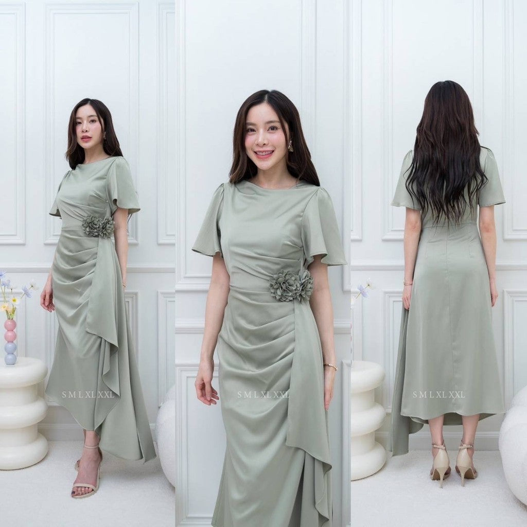 เดรสยาว ชุดออกงาน ชุดตรีม ธีมสีเขียว ชาเขียว ชุดเดรสสีเขียว ชุดไปงาน เดรสสวยๆ พร้อมส่ง Dress Woman