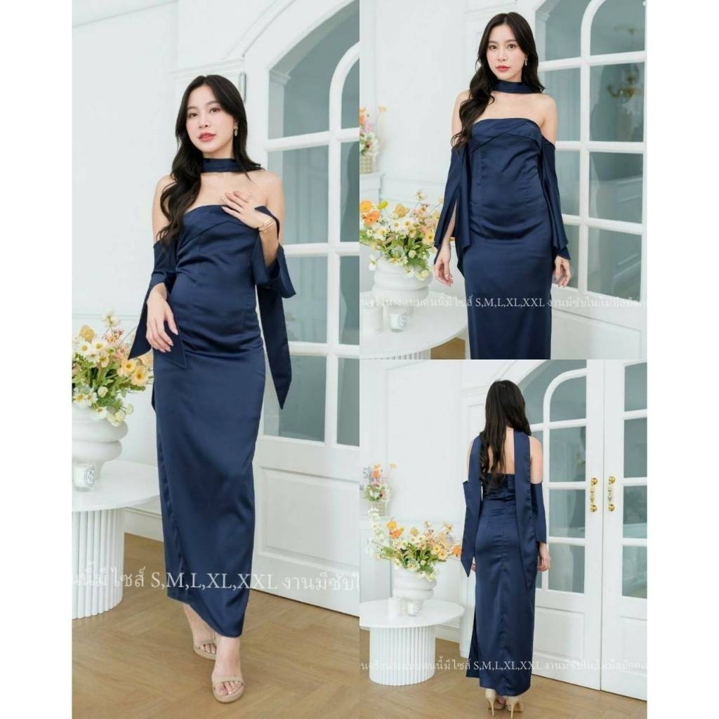 ชุดเดรสออกงาน ชุดราตรี เดรส Dress ผ้าเครปซาติน สวยหรู ไซส์ S-2XL เกาะอก แขนยาว เดรสยาว Woman Wedding Dresses