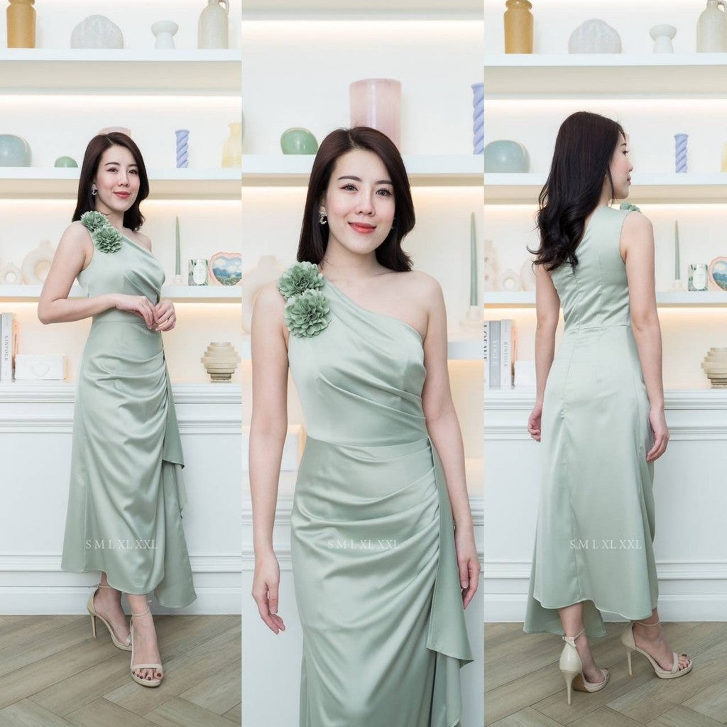 เดรสยาว ชุดออกงาน ชุดตรีม ธีมสีเขียว ชาเขียว ชุดเดรสสีเขียว ชุดไปงาน เดรสสวยๆ พร้อมส่ง Dress Woman