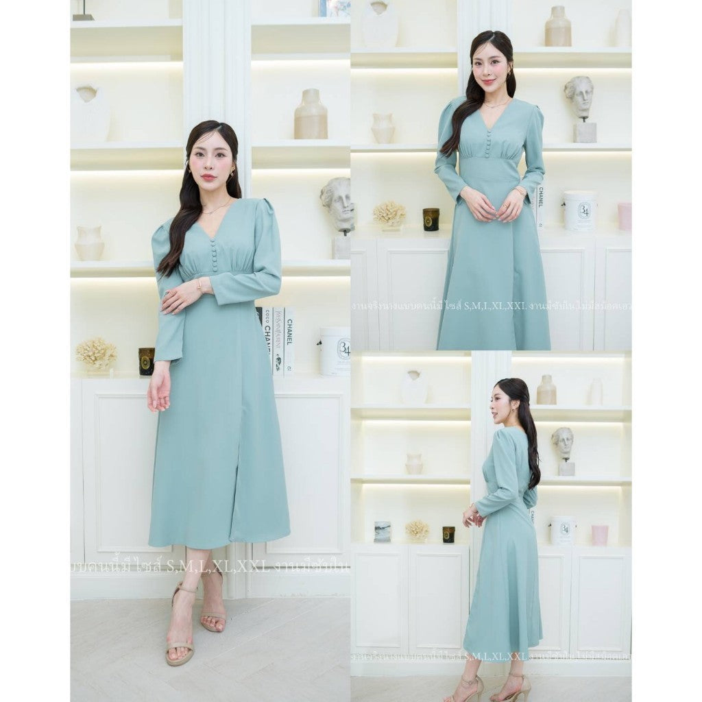 ชุดเดรสออกงาน ชุดราตรี เดรส Dress ชุดเดรสแขนยาว ผ้าทวิลคอวี ไซส์ S-2XL ชุดเดรสไปงานแต่ง เดรสยาว งานแต่งงาน Dresses Woman