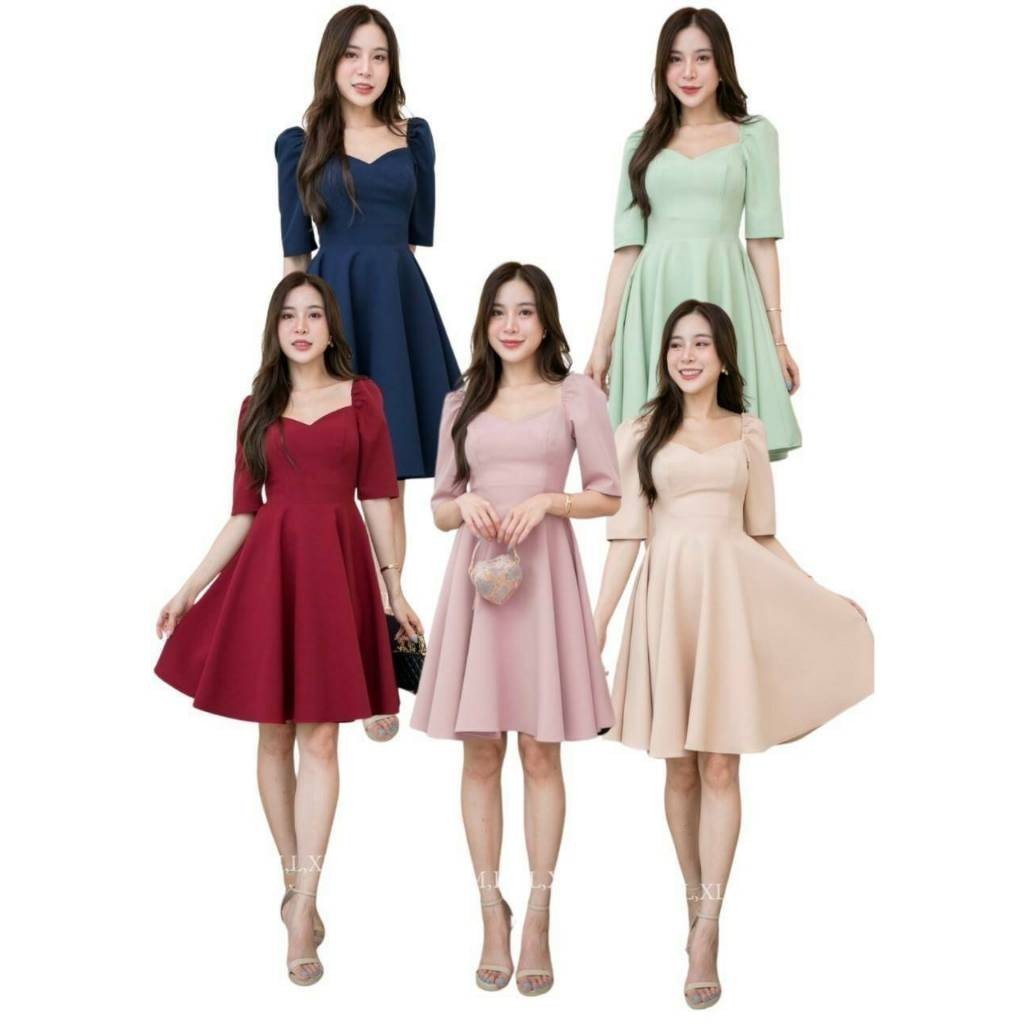 ชุดเดรสออกงาน ชุดราตรี เดรส Dress เดรสสั้น แขนตุ๊กตา กระโปรงพริ้ว พร้อมส่ง S-2XL เดรสสั้นน่ารักๆ เดรสสาวอวบ
