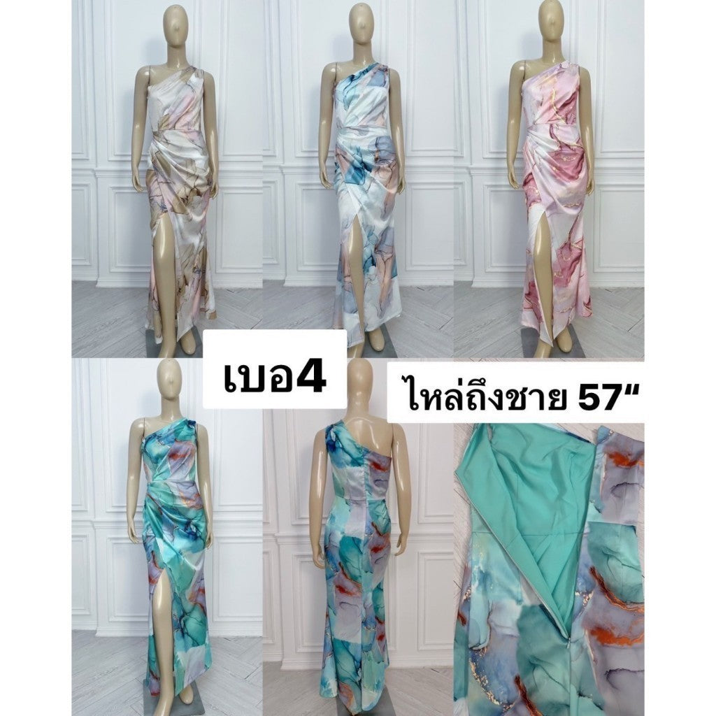ชุดเดรสออกงาน ชุดราตรี เดรส Dress ชุดออกงาน ผ้าเครปซาติน พิมพ์ลาย ไหล่เบี่ยง จีบเอว ชุดราตรี Woman Dresses