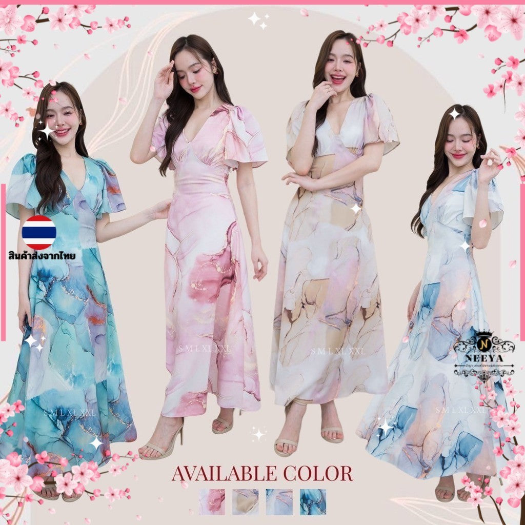 ชุดเดรสออกงาน ชุดราตรี เดรส Dress ชุดเดรส ชุดออกงาน ชุดราตรี คอวี กระโปรงบาน ผ้าพิมพ์ลาย ผู้หญิง Dress Dresses