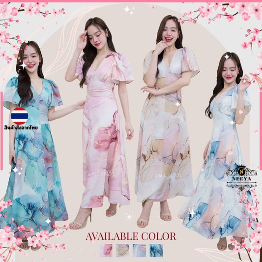 ชุดเดรสออกงาน ชุดราตรี เดรส Dress ชุดเดรส ชุดออกงาน ชุดราตรี คอวี กระโปรงบาน ผ้าพิมพ์ลาย ผู้หญิง Dress Dresses