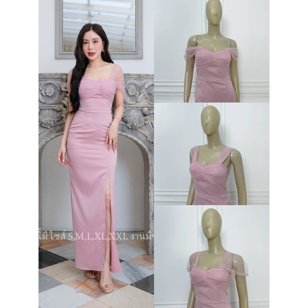 ชุดราตรี ชุดเดรสออกงาน ชุดราตรี เดรส Dress ผ้าเครปซาติน เดรสยาวมุ้งไหล่ ใส่ได้หลายแบบ ไซส์ S-2XL ชุดเดรส Dresses Woman