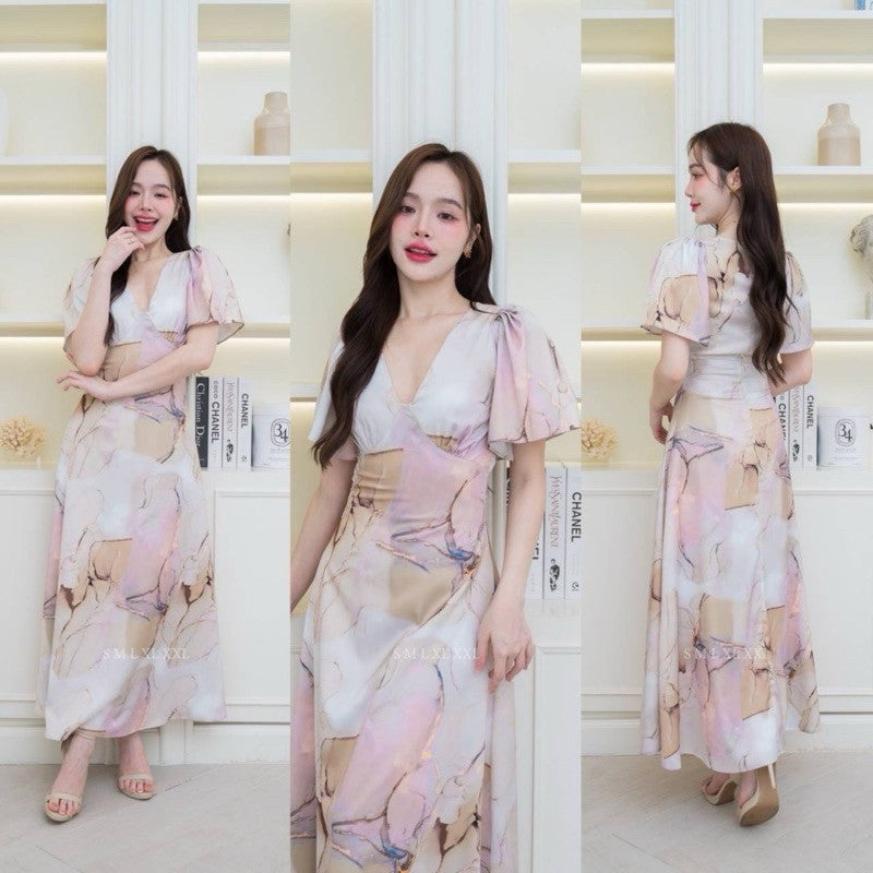 ชุดเดรสออกงาน ชุดราตรี เดรส Dress ชุดเดรส ชุดออกงาน ชุดราตรี คอวี กระโปรงบาน ผ้าพิมพ์ลาย ผู้หญิง Dress Dresses