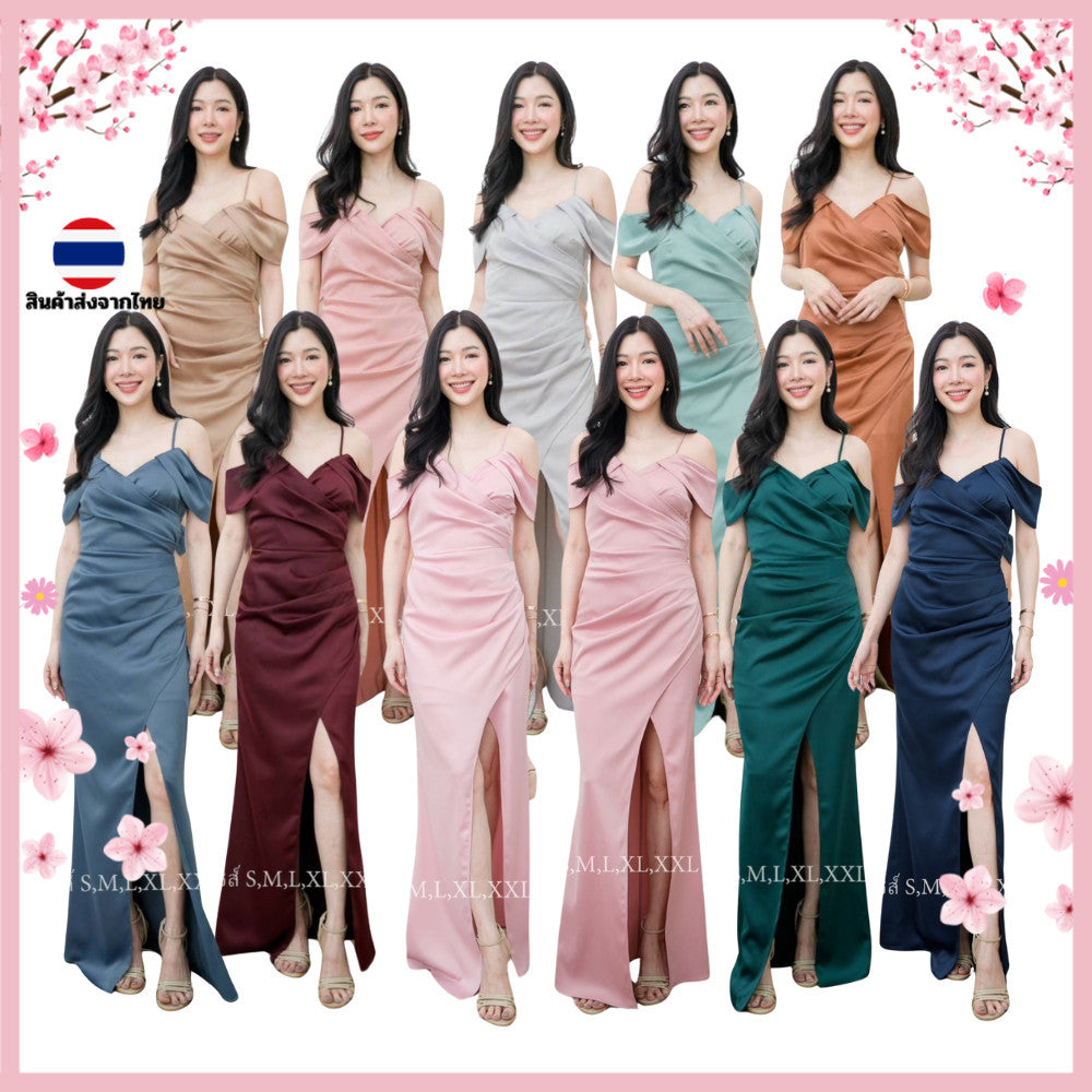 ชุดเดรสออกงาน ชุดราตรี เดรส Dress เดรสยาว พรีเมี่ยม ผ้าเครปซาติน ดีไซน์เก๋ มีหลายสี ซับใน ซิปหลัง