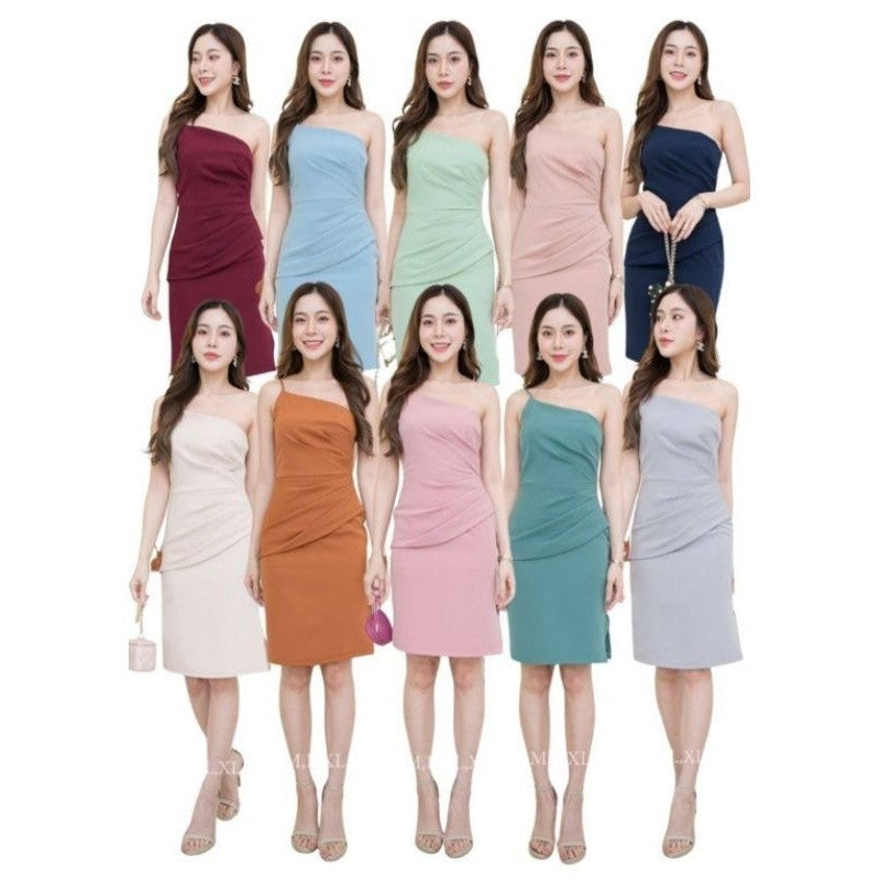 ชุดเดรสออกงาน ชุดราตรี เดรส Dress ชุดออกงาน เดรสสั้น ปาดข้าง สายเดี่ยว งานแต่งงาน ผู้หญิง ซิปหลัง ซับใน เดรสน่ารักๆ