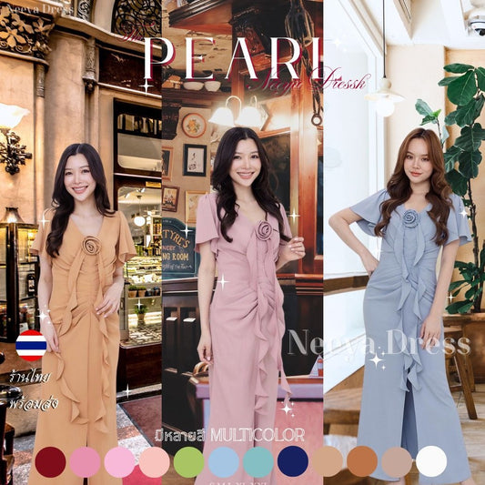 เดรสยาว ชุดราตรี ชุดออกงาน Pearl เรียบร้อย แขนสั้น คอวี จีบพรางหน้าท้อง ดอกไม้ ชุดราตรี Woman Dress