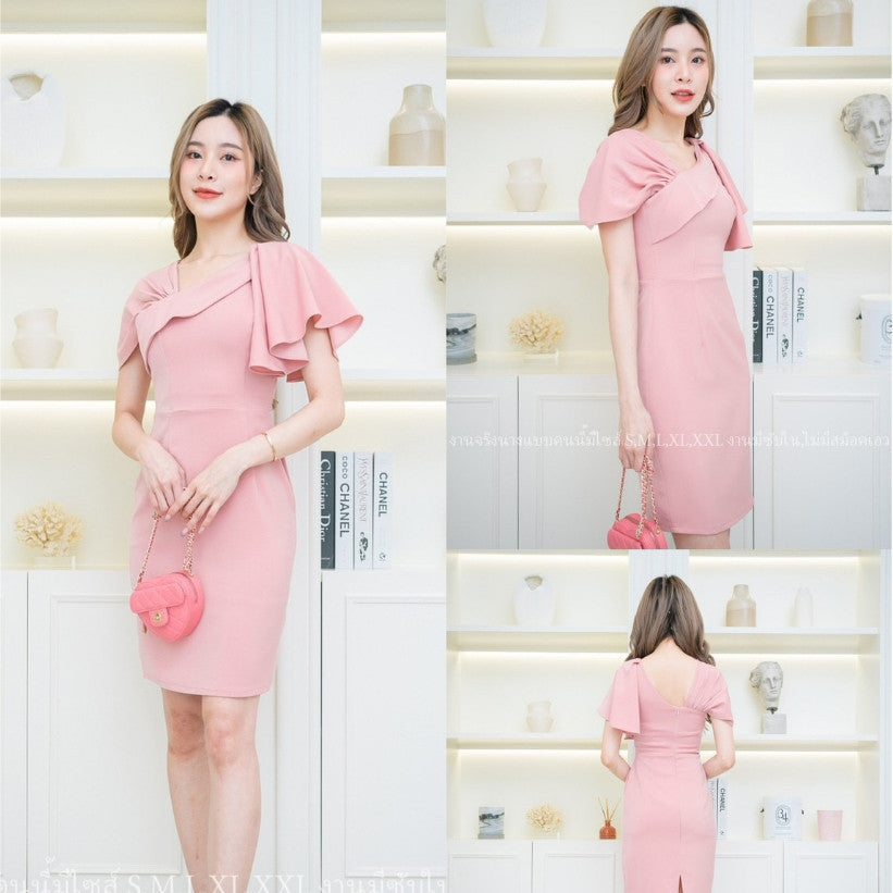 ชุดเดรสออกงาน ชุดราตรี เดรส Dress ผ้าฮานาโกะ ดีไซน์ใหม่ น่ารัก เก๋ตรงอกและไหล่ ชุดออกงาน มีหลายสี ซับใน ซิปหลัง
