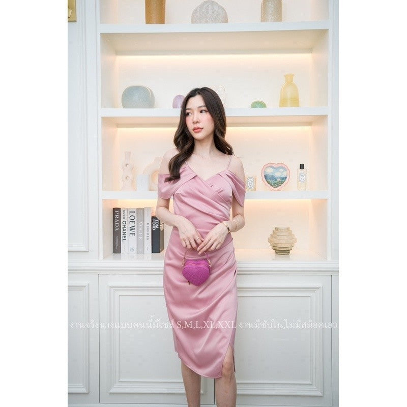 เดรส ชุดเดรส เดรสสั้น ชุดราตรี เดรสงานแต่ง สายเดี่ยว ผ้าเครปซาติน ชุดราตรี ซิปหลัง ซับใน Dress Woman