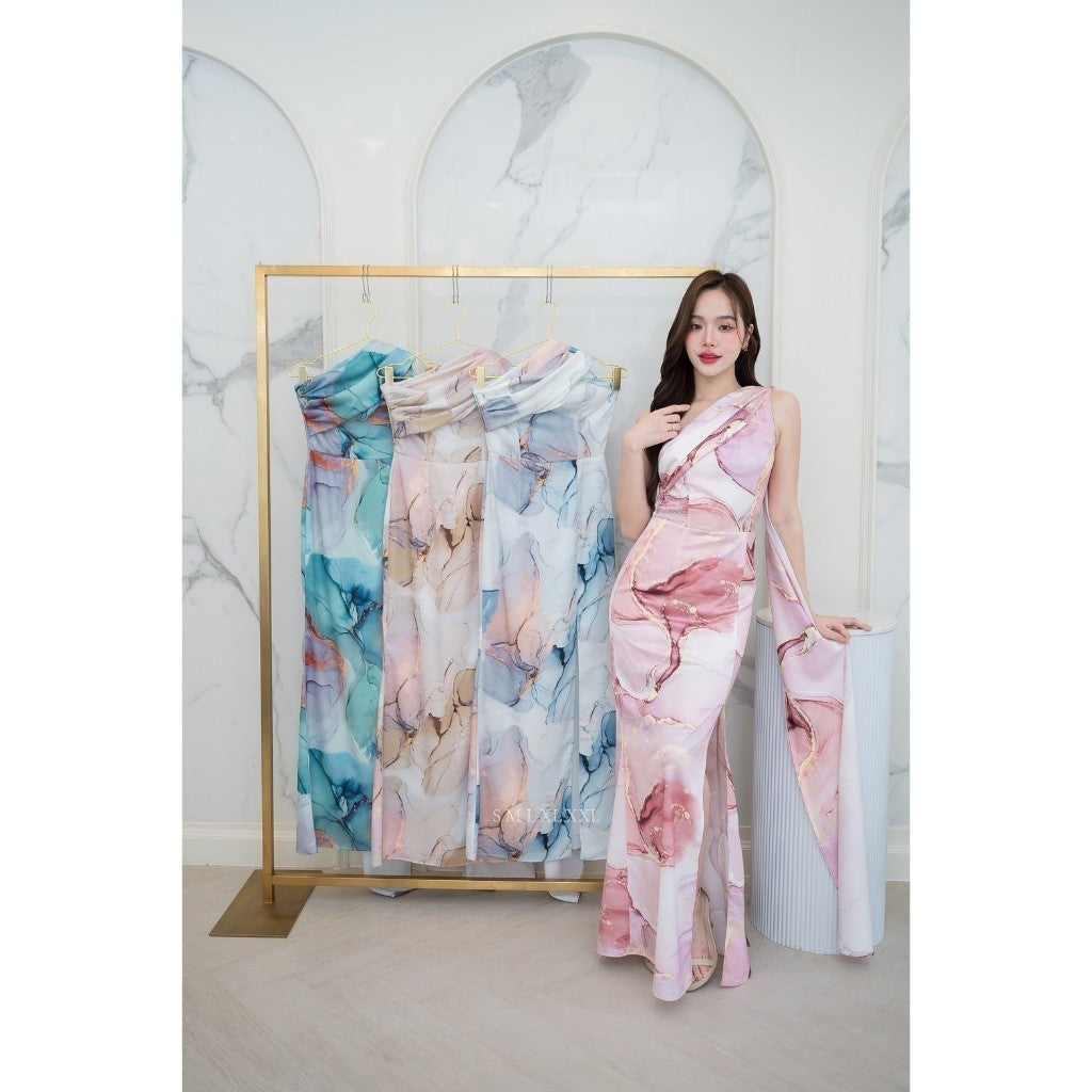 ชุดเดรสออกงาน ชุดราตรี เดรส Dress ชุดราตรี ชุดออกงาน ผ้าเครปซาติน พิมพ์ลาย ไหล่เบี่ยง สไบใหญ่ Woman Dress Dresses