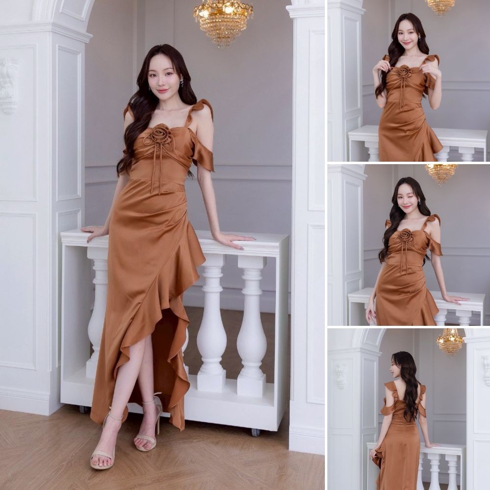 เดรสยาว ชุดออกงาน VINA DRESS พรีเมี่ยม เครปซาติน สายเกลียวหรู แถม ดอกไม้ ชุดราตรีเรียบหรู พร้อมส่ง