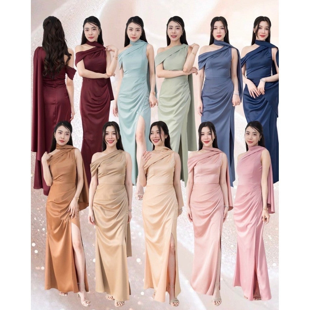 เดรสยาว ชุดไปงานแต่ง เดรส ชุดราตรี N298 ไหล่เบี่ยง สไบ อ้อมแขน ผ้าเครปซาติน เสื้อผ้า ผู้หญิง Dress
