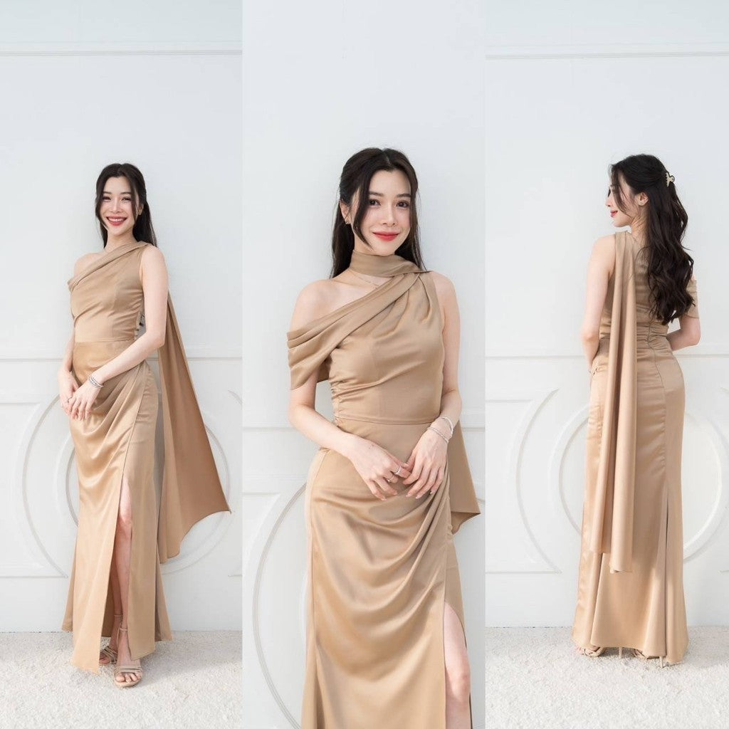 เดรสยาว ชุดไปงานแต่ง เดรส ชุดราตรี N298 ไหล่เบี่ยง สไบ อ้อมแขน ผ้าเครปซาติน เสื้อผ้า ผู้หญิง Dress