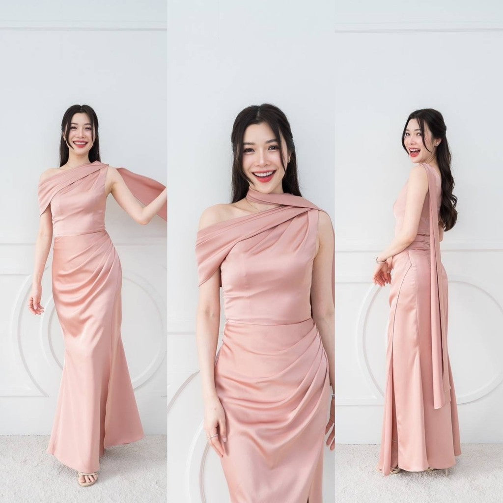 เดรสยาว ชุดไปงานแต่ง เดรส ชุดราตรี N298 ไหล่เบี่ยง สไบ อ้อมแขน ผ้าเครปซาติน เสื้อผ้า ผู้หญิง Dress