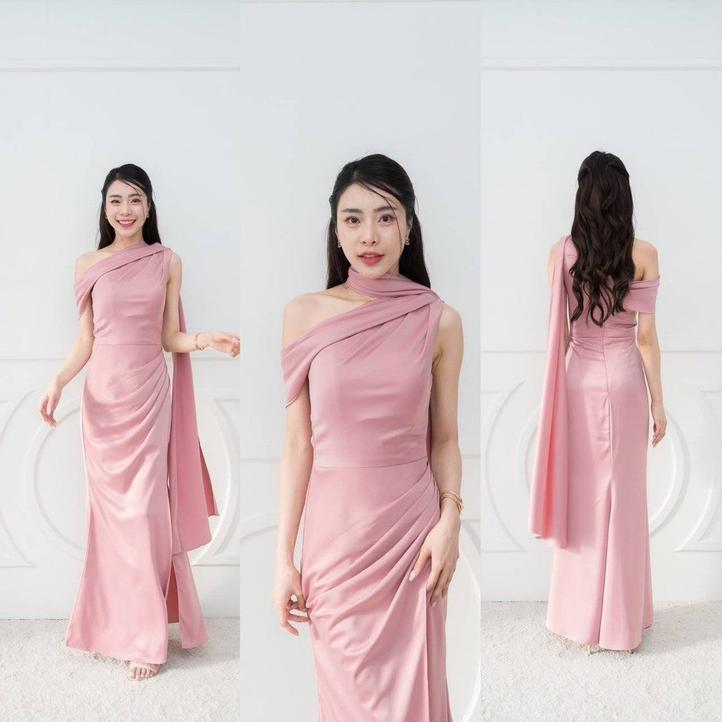 เดรสยาว ชุดไปงานแต่ง เดรส ชุดราตรี N298 ไหล่เบี่ยง สไบ อ้อมแขน ผ้าเครปซาติน เสื้อผ้า ผู้หญิง Dress