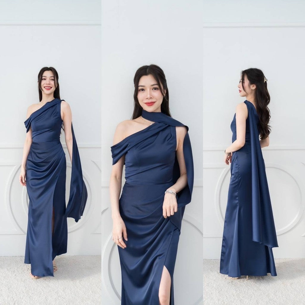 เดรสยาว ชุดไปงานแต่ง เดรส ชุดราตรี N298 ไหล่เบี่ยง สไบ อ้อมแขน ผ้าเครปซาติน เสื้อผ้า ผู้หญิง Dress