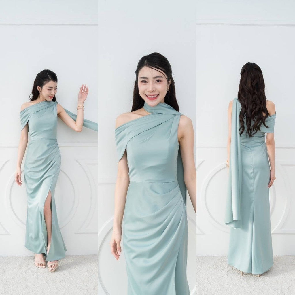 เดรสยาว ชุดไปงานแต่ง เดรส ชุดราตรี N298 ไหล่เบี่ยง สไบ อ้อมแขน ผ้าเครปซาติน เสื้อผ้า ผู้หญิง Dress