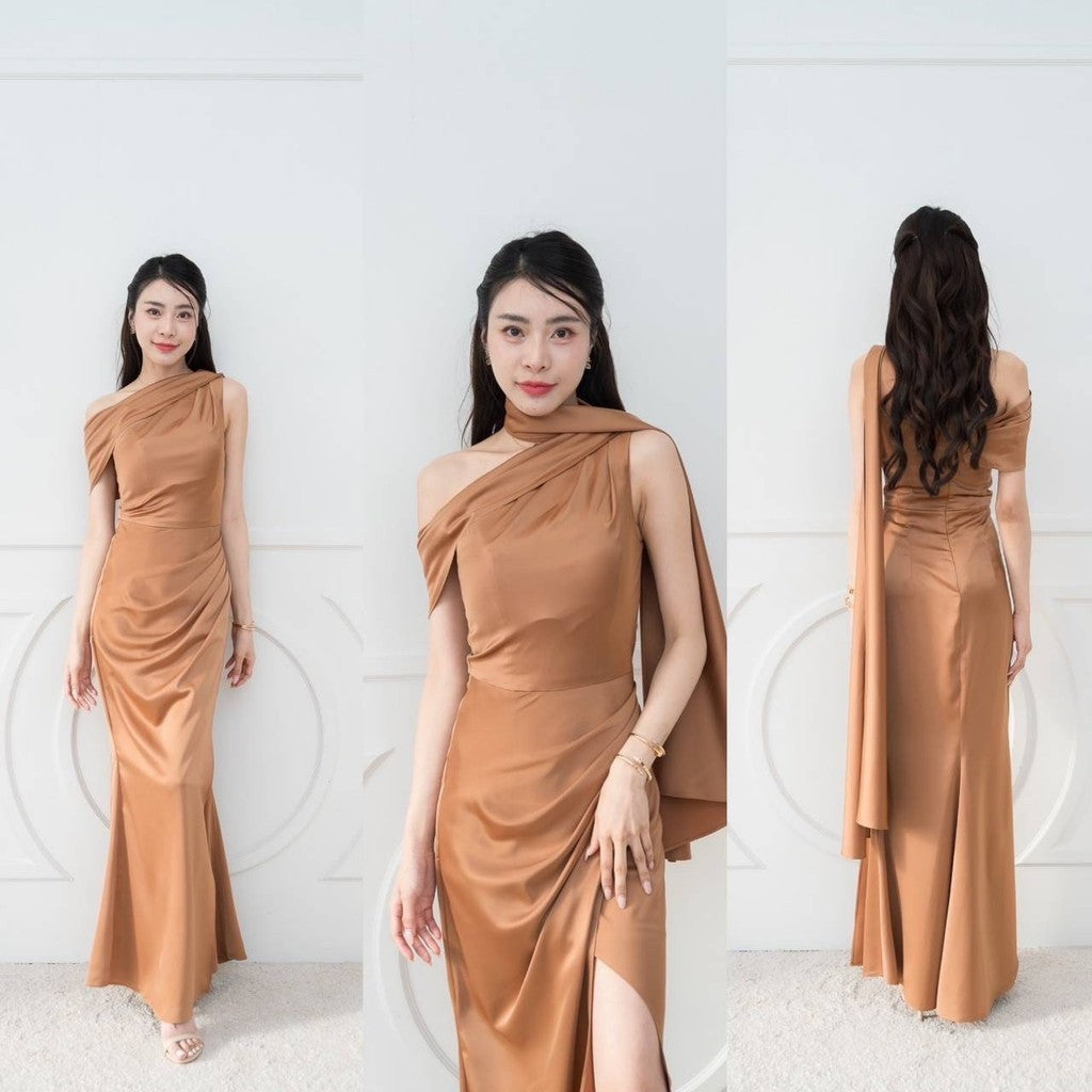 เดรสยาว ชุดไปงานแต่ง เดรส ชุดราตรี N298 ไหล่เบี่ยง สไบ อ้อมแขน ผ้าเครปซาติน เสื้อผ้า ผู้หญิง Dress