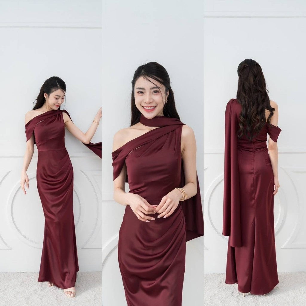 เดรสยาว ชุดไปงานแต่ง เดรส ชุดราตรี N298 ไหล่เบี่ยง สไบ อ้อมแขน ผ้าเครปซาติน เสื้อผ้า ผู้หญิง Dress