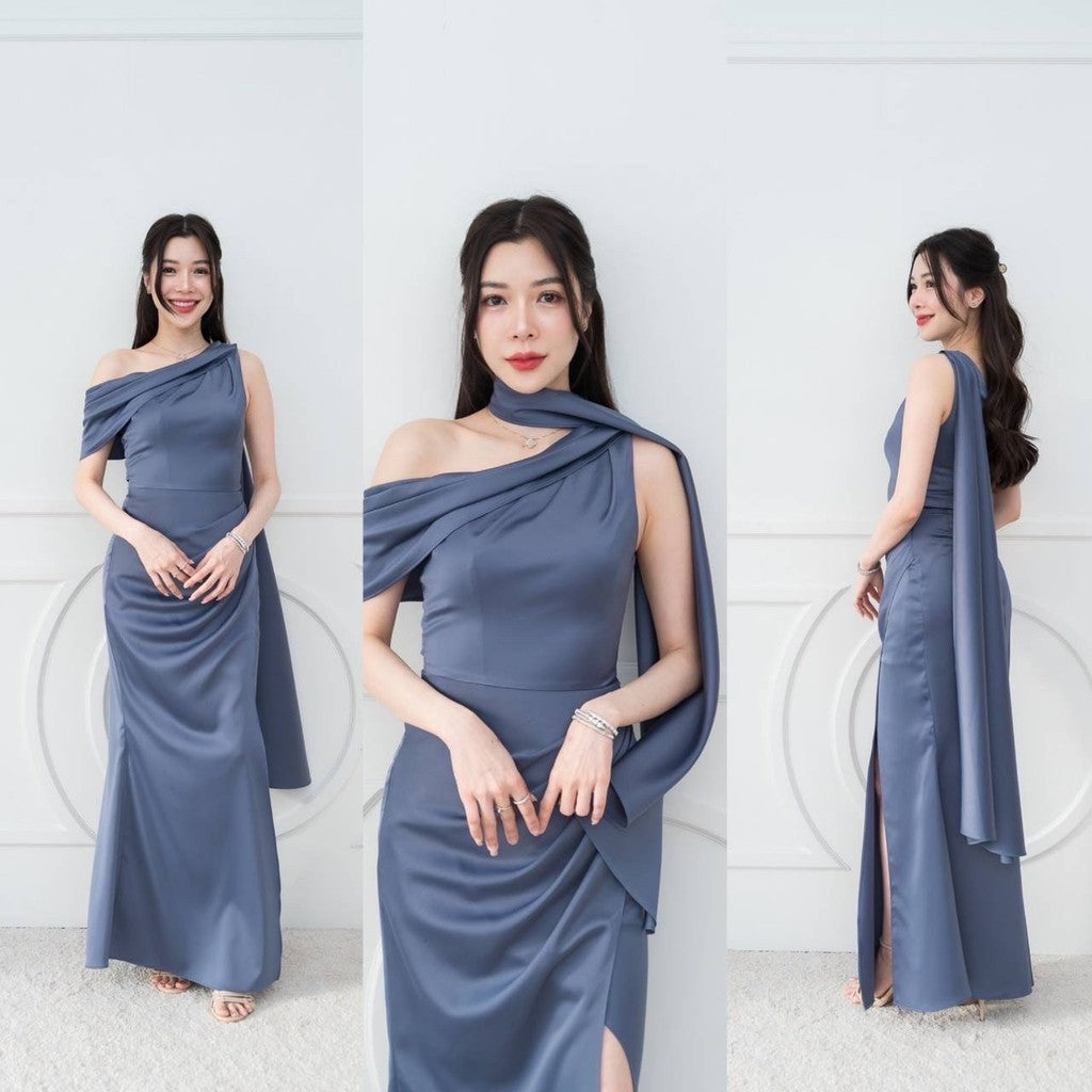 เดรสยาว ชุดไปงานแต่ง เดรส ชุดราตรี N298 ไหล่เบี่ยง สไบ อ้อมแขน ผ้าเครปซาติน เสื้อผ้า ผู้หญิง Dress