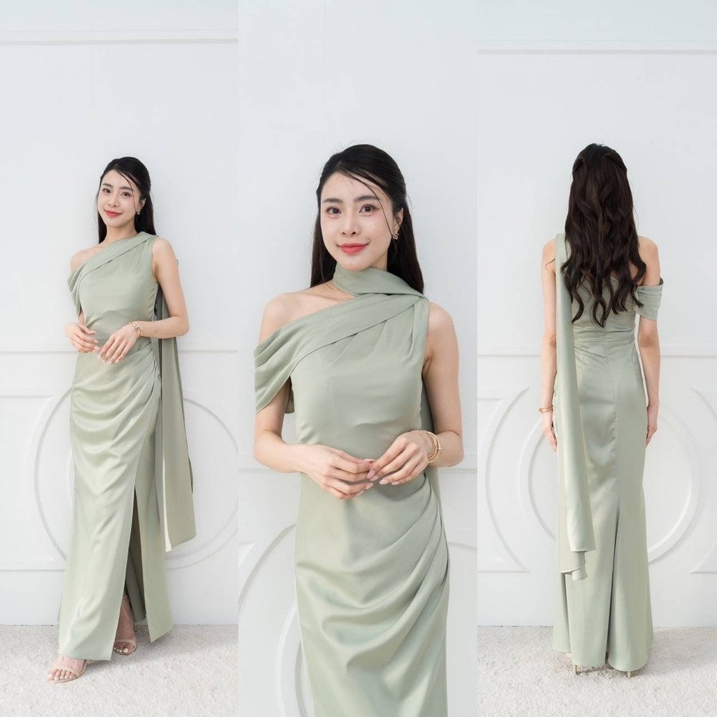 เดรสยาว ชุดไปงานแต่ง เดรส ชุดราตรี N298 ไหล่เบี่ยง สไบ อ้อมแขน ผ้าเครปซาติน เสื้อผ้า ผู้หญิง Dress