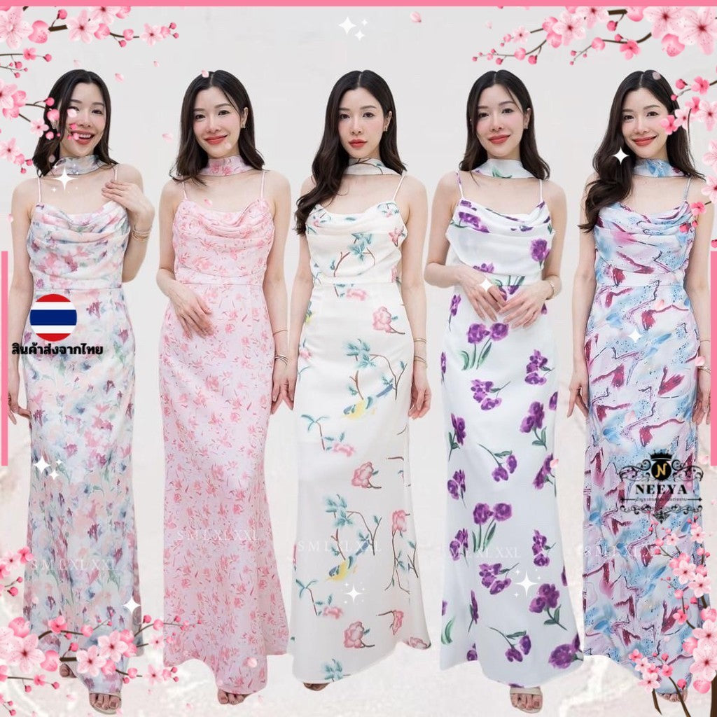 ชุดไปงานแต่ง ชุดไปงานแต่งงาน ชุดเดรส ชุดราตรี NP035 เกรดพรีเมี่ยม สายเดี่ยว คอถ่วง มีผ้าพันคอ งานแต่งงาน Woman Dress
