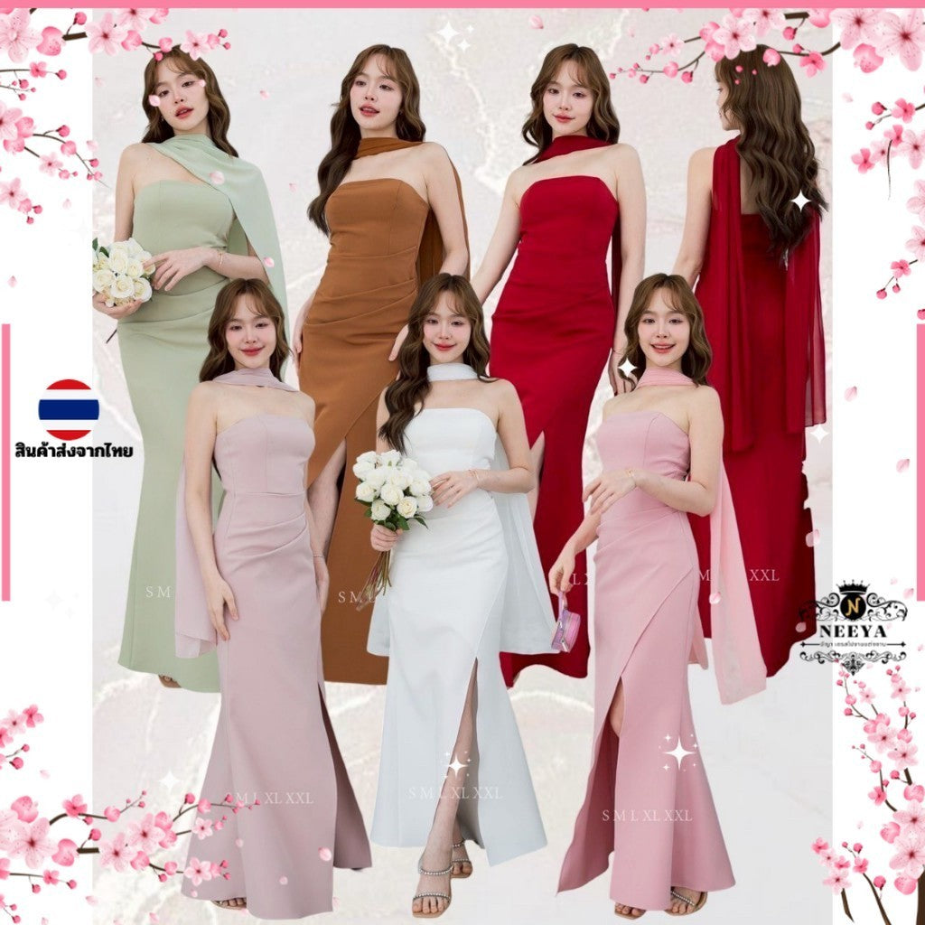เดรสยาว ชุดราตรี Dress ออกงาน ชุดเดรส N302 เดรส ผ้าพันคอชีฟอง พร้อมส่ง S M L XL 2XL งานแต่งงาน Woman
