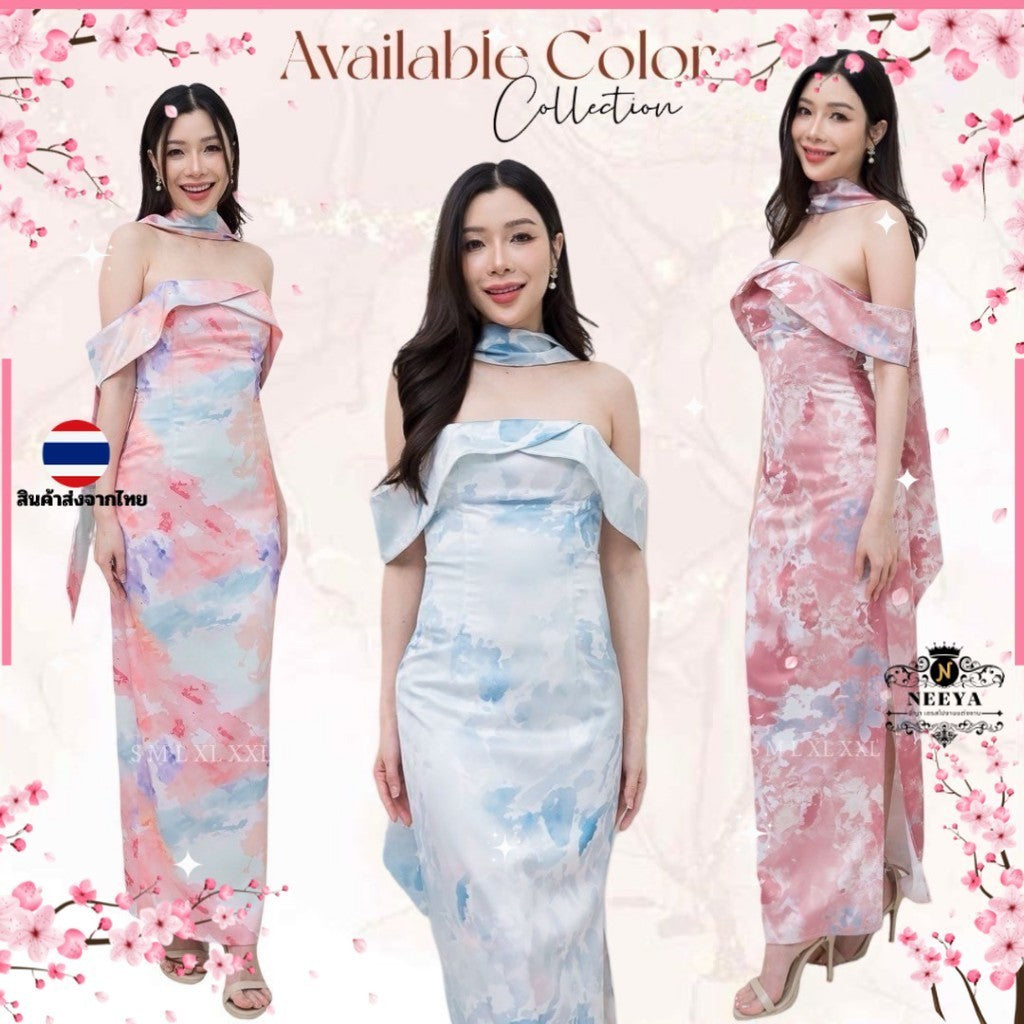 เดรสยาว ชุดราตรี Dress ออกงาน ชุดเดรส N297 ผ้าเครปซาตินพิมลาย เกาะอกอ้อมแขน ซับใน ซิปหลัง ผู้หญิง