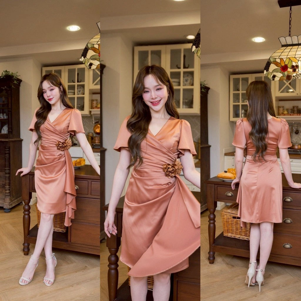 ชุดราตรีสั้น เดรสสั้น ผ้าเครปซาติน เดรส พรีเมี่ยม Odette แถมดอกไม้ เดรสไปงานแต่ง เจ้าสาว พร้อมส่ง