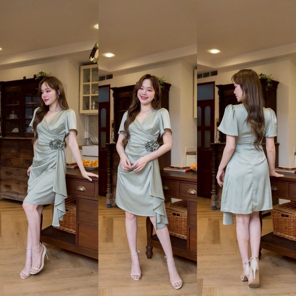 ชุดราตรีสั้น เดรสสั้น ผ้าเครปซาติน เดรส พรีเมี่ยม Odette แถมดอกไม้ เดรสไปงานแต่ง เจ้าสาว พร้อมส่ง