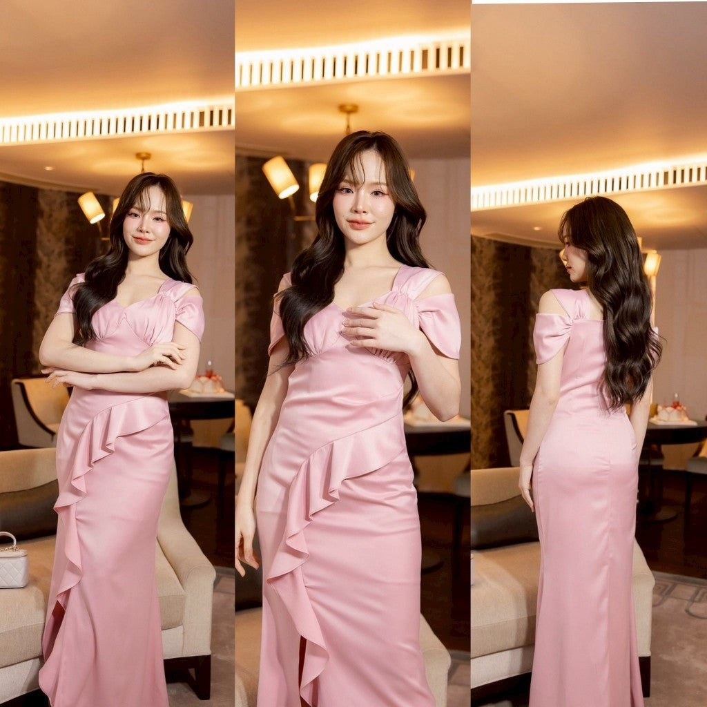 ชุดไปงานแต่ง ชุดออกงาน ผ้าเครปซาติน LANA เดรสสวยๆ สาย คล้องไหล่ จีบพราง ชุดราตรีเรียบหรู พร้อมส่ง