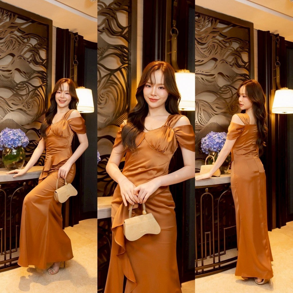ชุดไปงานแต่ง ชุดออกงาน ผ้าเครปซาติน LANA เดรสสวยๆ สาย คล้องไหล่ จีบพราง ชุดราตรีเรียบหรู พร้อมส่ง